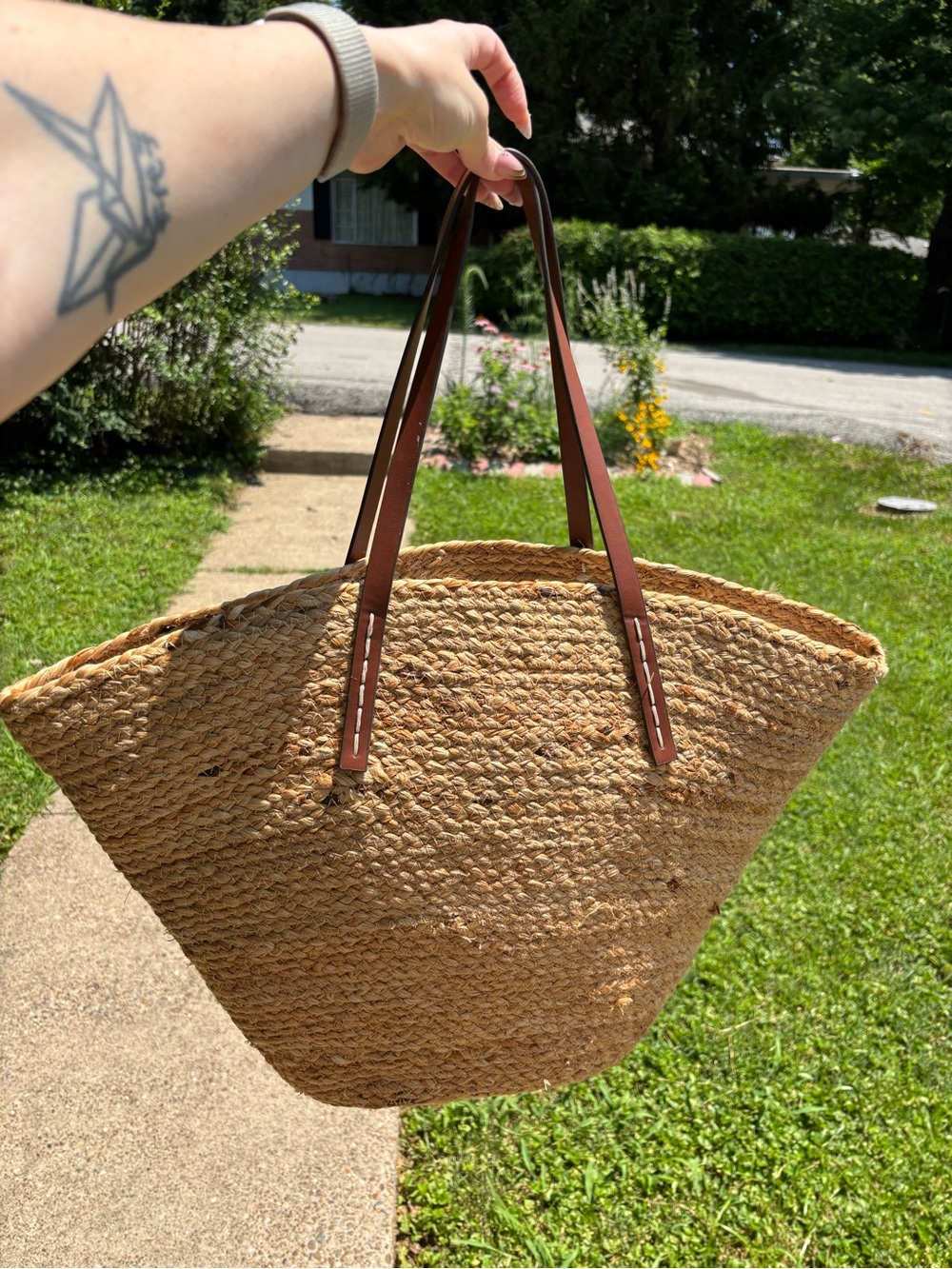 Mango Woven Straw Tote Bag with Brown Leather Handles - Natural - Picture 1 of 6